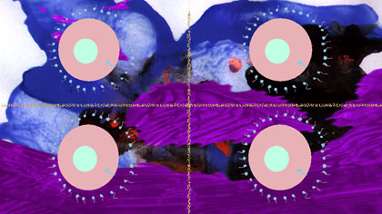 film still: Multiple fertilisation – layers of eggs, sperm and splodgy purple painting.

