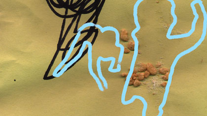 film still: Wrestling boys against a Rice Krispie and felt pen background (by Archie).


