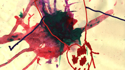film still: Impression of a baby miscarrying, falling through visceral images. It was amazing how many of the twin’s paintings could look like graphic violence.

